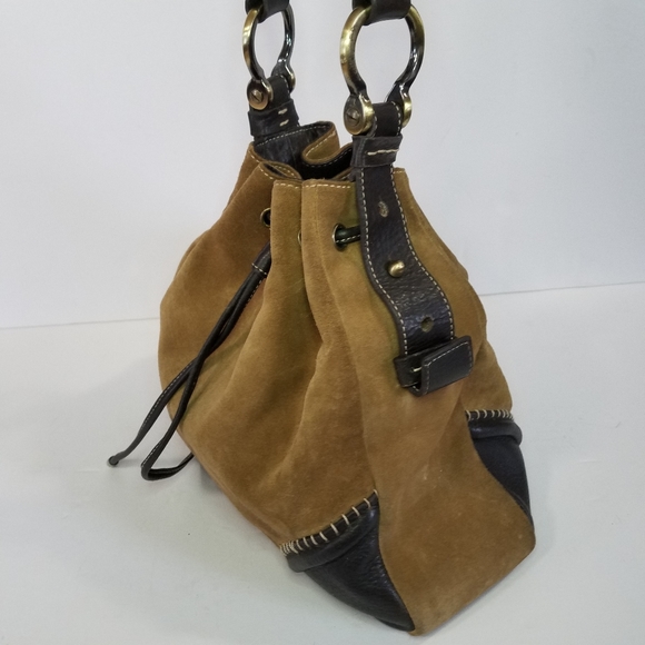 Vintage Donald J. Pliner Y2K Boho Soft Suede Leather Drawstring Bucket Hobo Bag - Picture 7 of 13